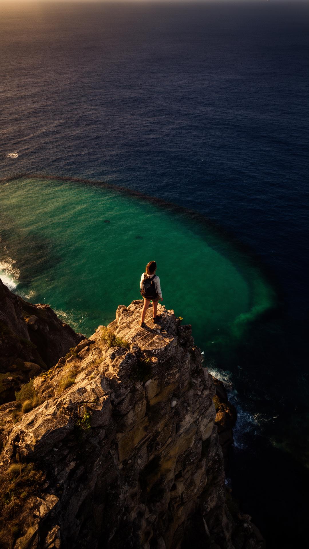 Traveler standing on a coastal cliff overlooking turquoise ocean